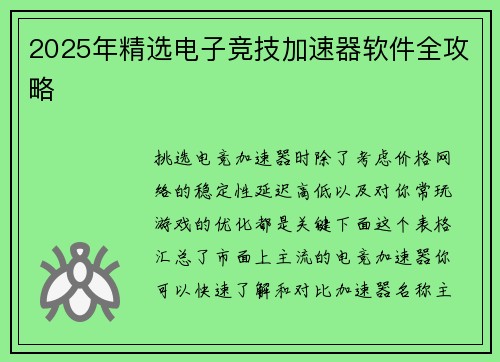 2025年精选电子竞技加速器软件全攻略